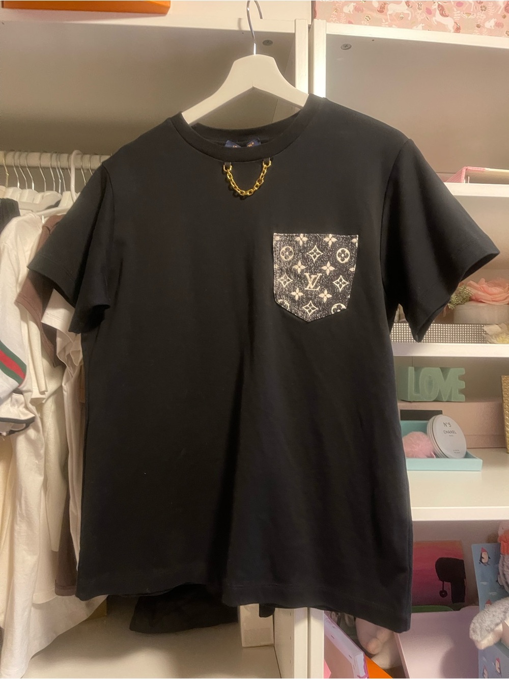 Louis Vuitton Black Short Sleeve Tee with Monogram Pocket and Gold Chain Accent